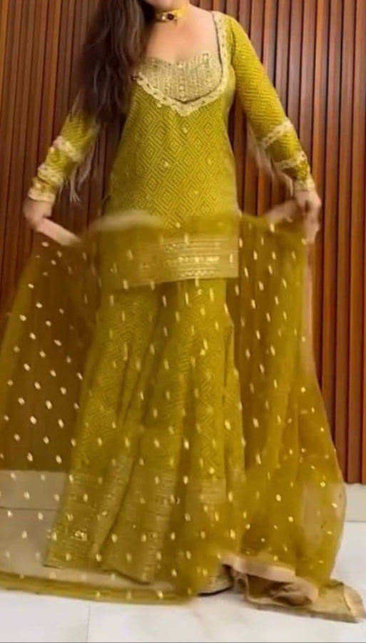 Printed Chinon Silk Top-Blouse & Palazzo With Dupatta set