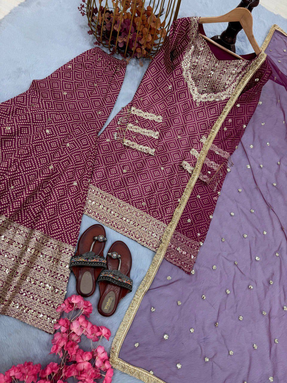Printed Chinon Silk Top-Blouse & Palazzo With Dupatta set