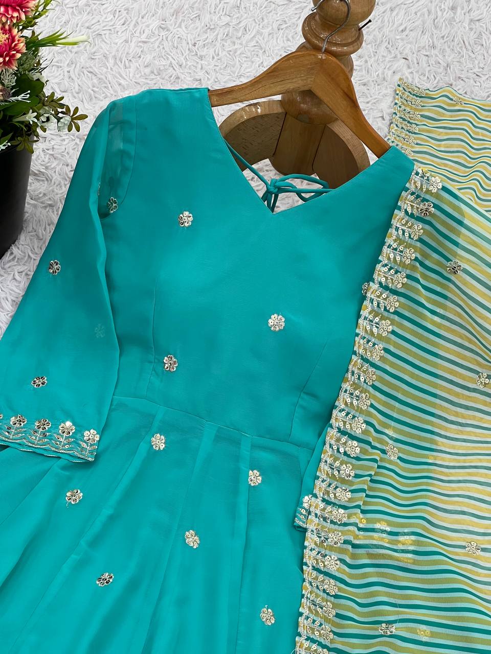 Embroidery Sequence Work Gown And Dupatta Set Fully Stitched