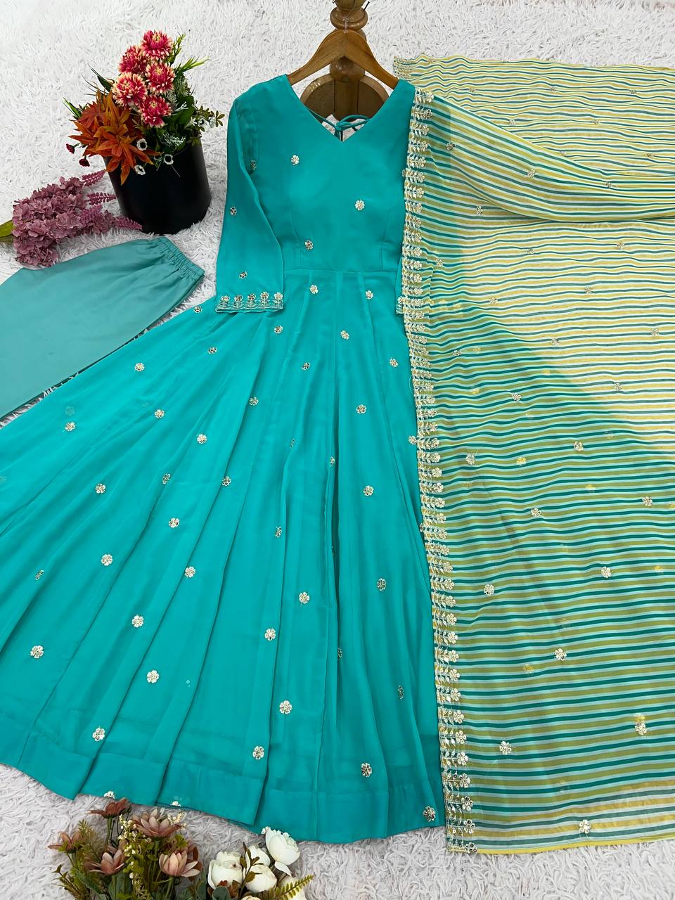 Embroidery Sequence Work Gown And Dupatta Set Fully Stitched