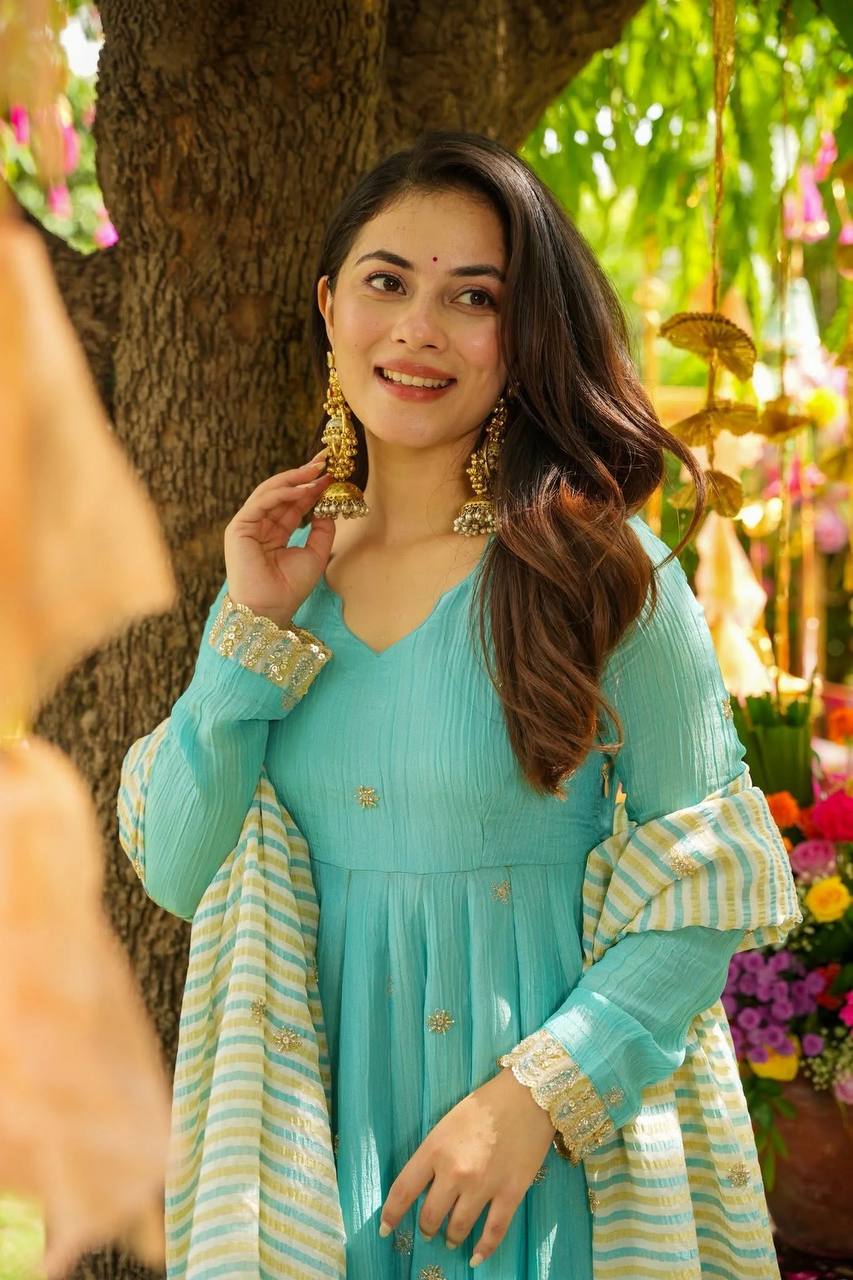 Embroidery Sequence Work Gown And Dupatta Set Fully Stitched