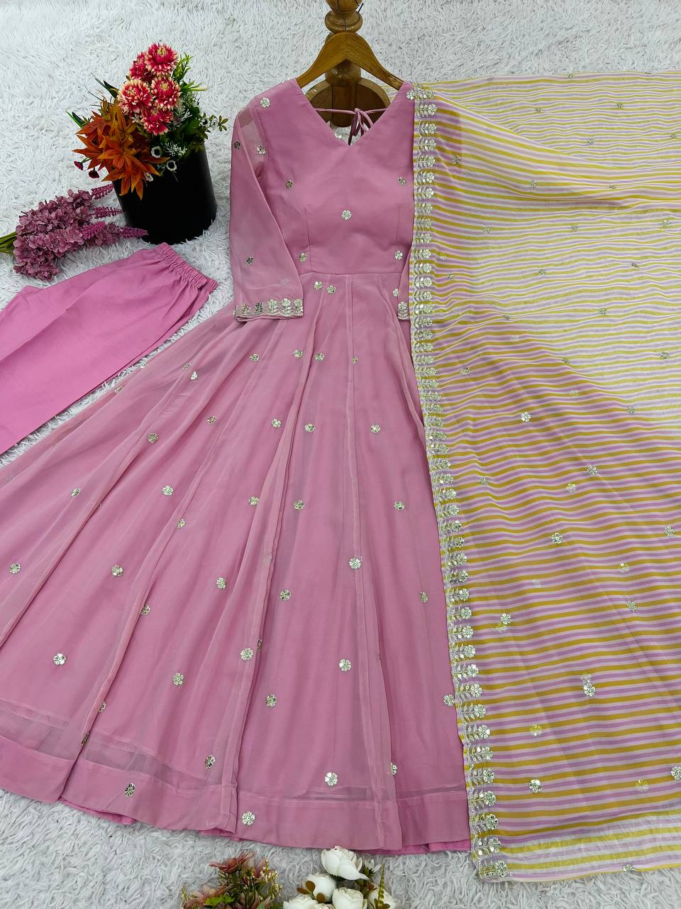 Embroidery Sequence Work Gown And Dupatta Set Fully Stitched