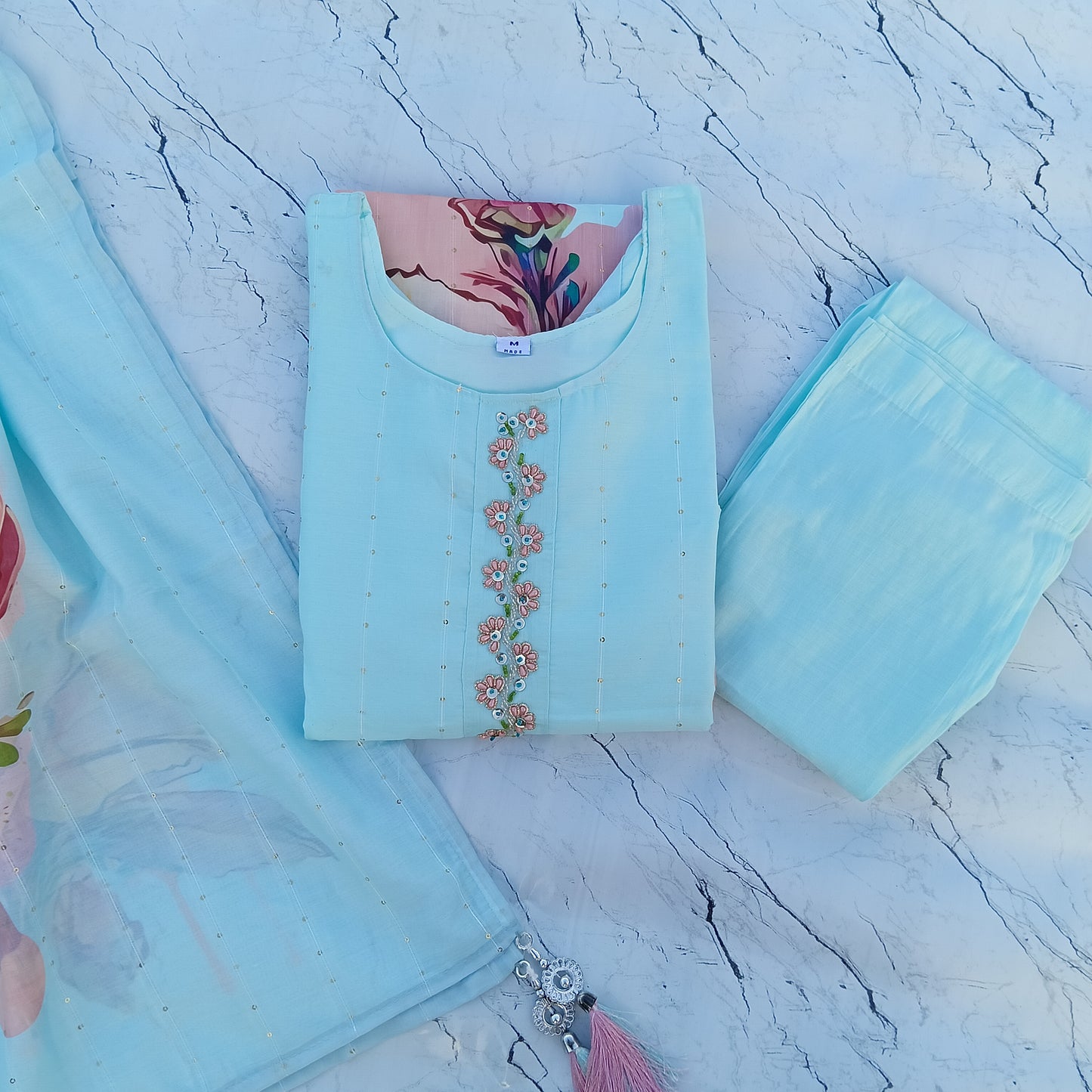 Elegant Aqua-Blue Floral Handwork Dress