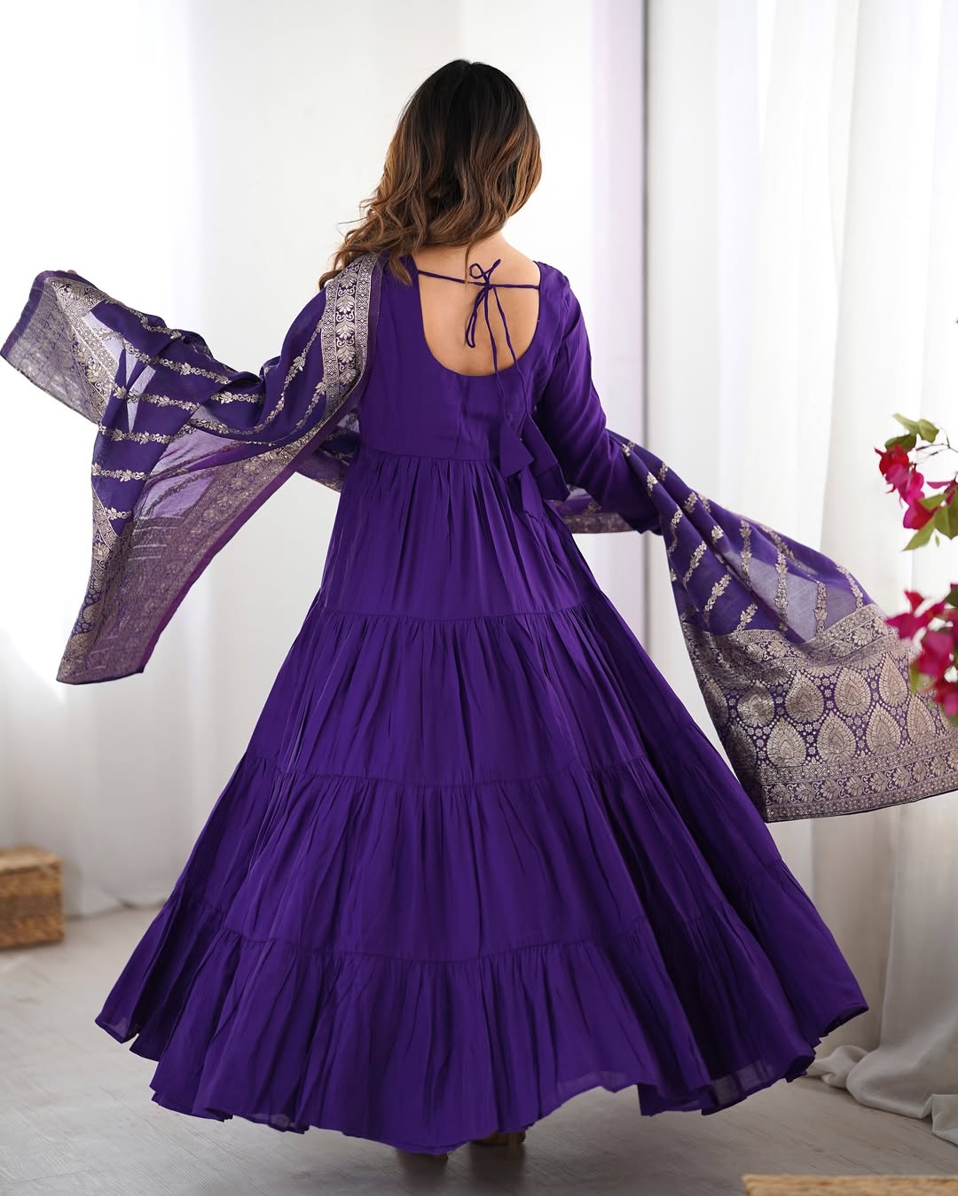 Pure Roman Silk Chanderi Fabric Heavy Flair Anarkali Dress