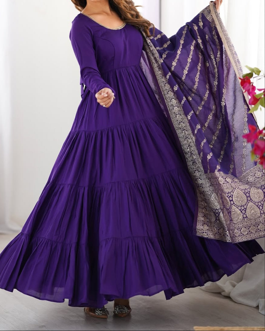 Pure Roman Silk Chanderi Fabric Heavy Flair Anarkali Dress