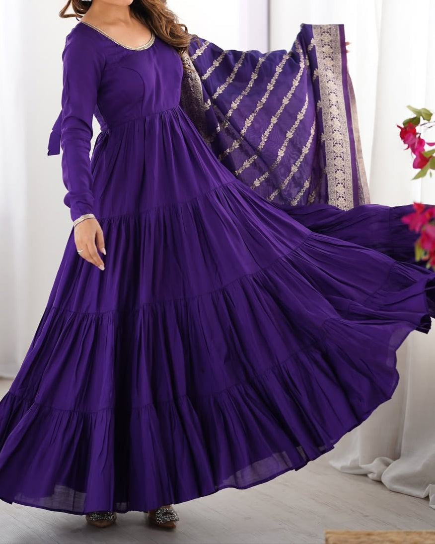 Pure Roman Silk Chanderi Fabric Heavy Flair Anarkali Dress