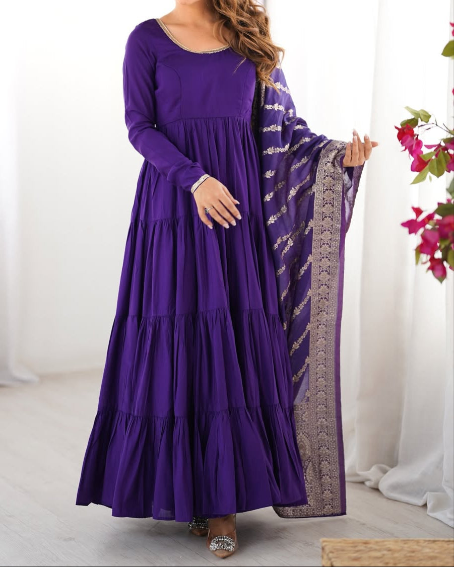 Pure Roman Silk Chanderi Fabric Heavy Flair Anarkali Dress