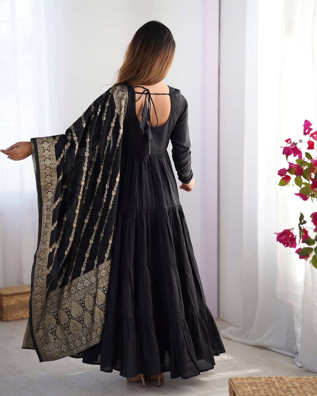 Pure Roman Silk Chanderi Fabric Heavy Flair Anarkali Dress