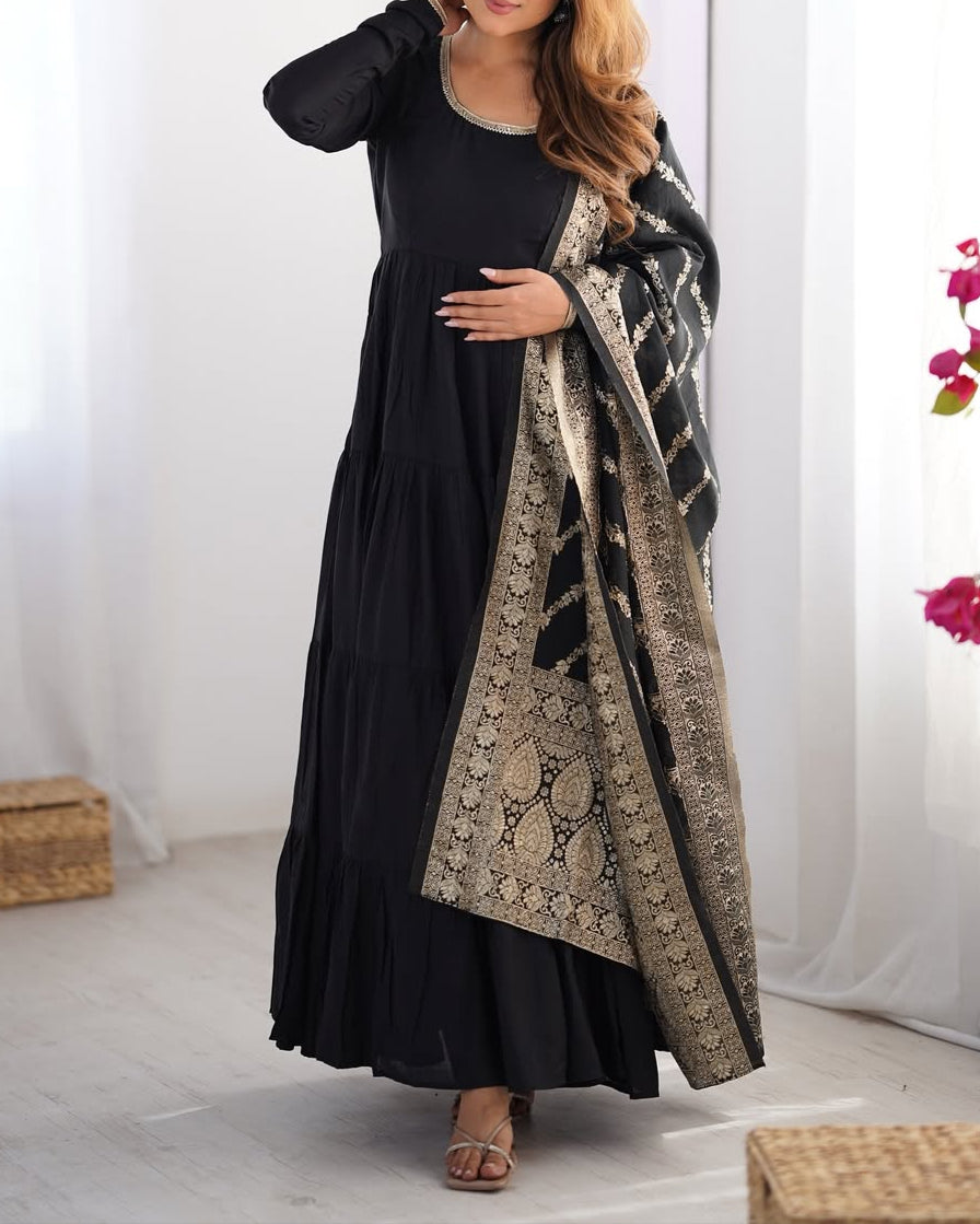 Pure Roman Silk Chanderi Fabric Heavy Flair Anarkali Dress