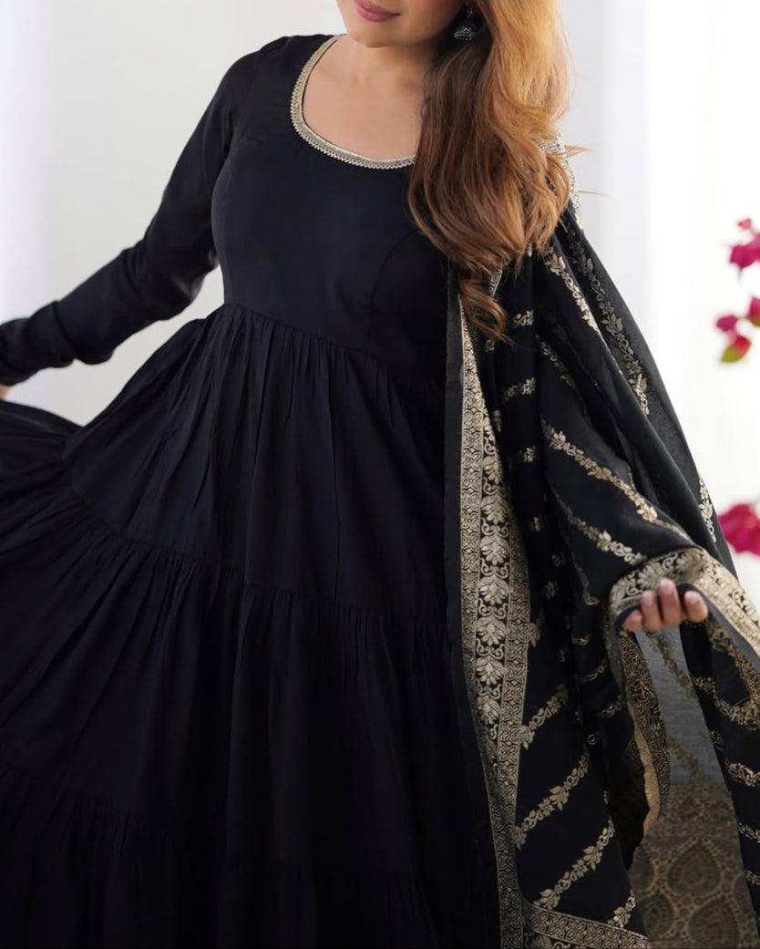 Pure Roman Silk Chanderi Fabric Heavy Flair Anarkali Dress
