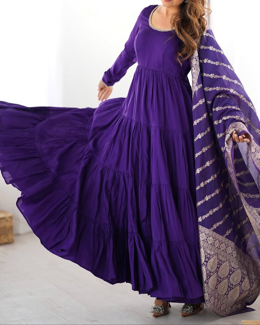 Pure Roman Silk Chanderi Fabric Heavy Flair Anarkali Dress