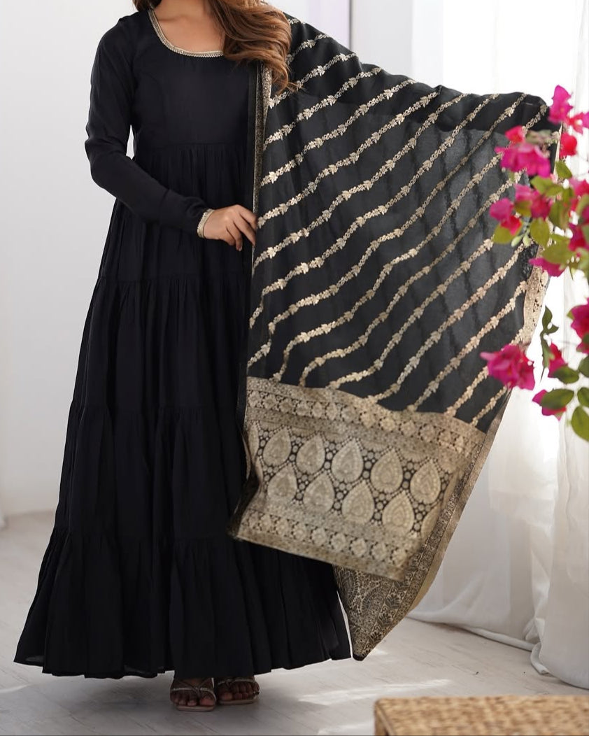 Pure Roman Silk Chanderi Fabric Heavy Flair Anarkali Dress