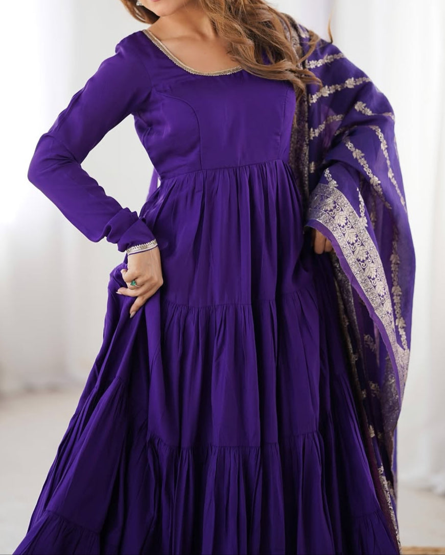 Pure Roman Silk Chanderi Fabric Heavy Flair Anarkali Dress