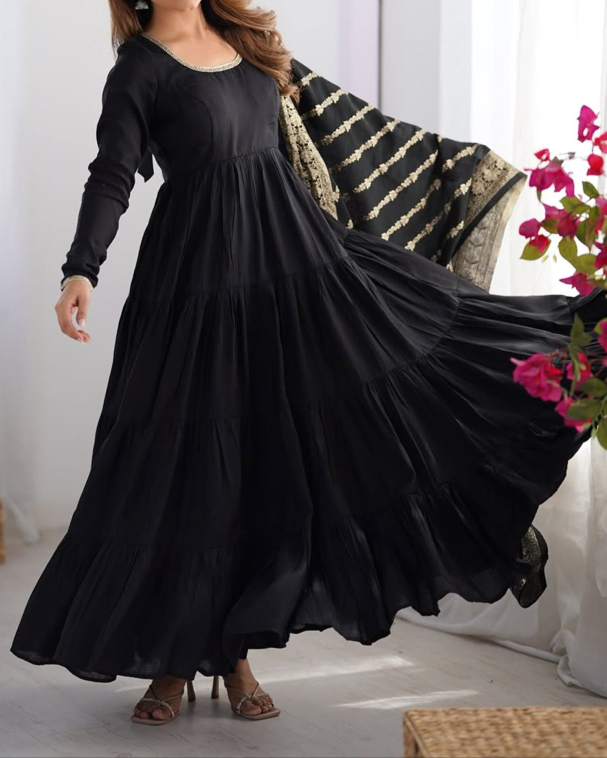 Pure Roman Silk Chanderi Fabric Heavy Flair Anarkali Dress