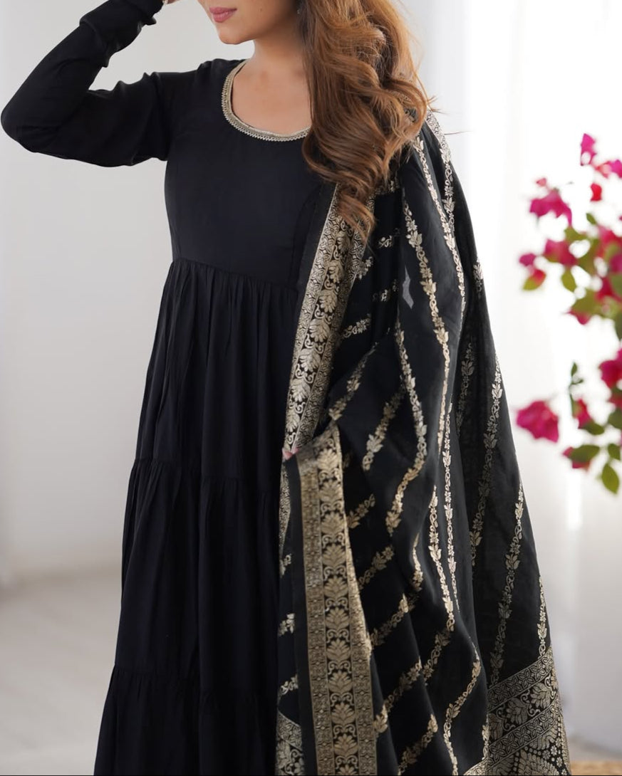 Pure Roman Silk Chanderi Fabric Heavy Flair Anarkali Dress