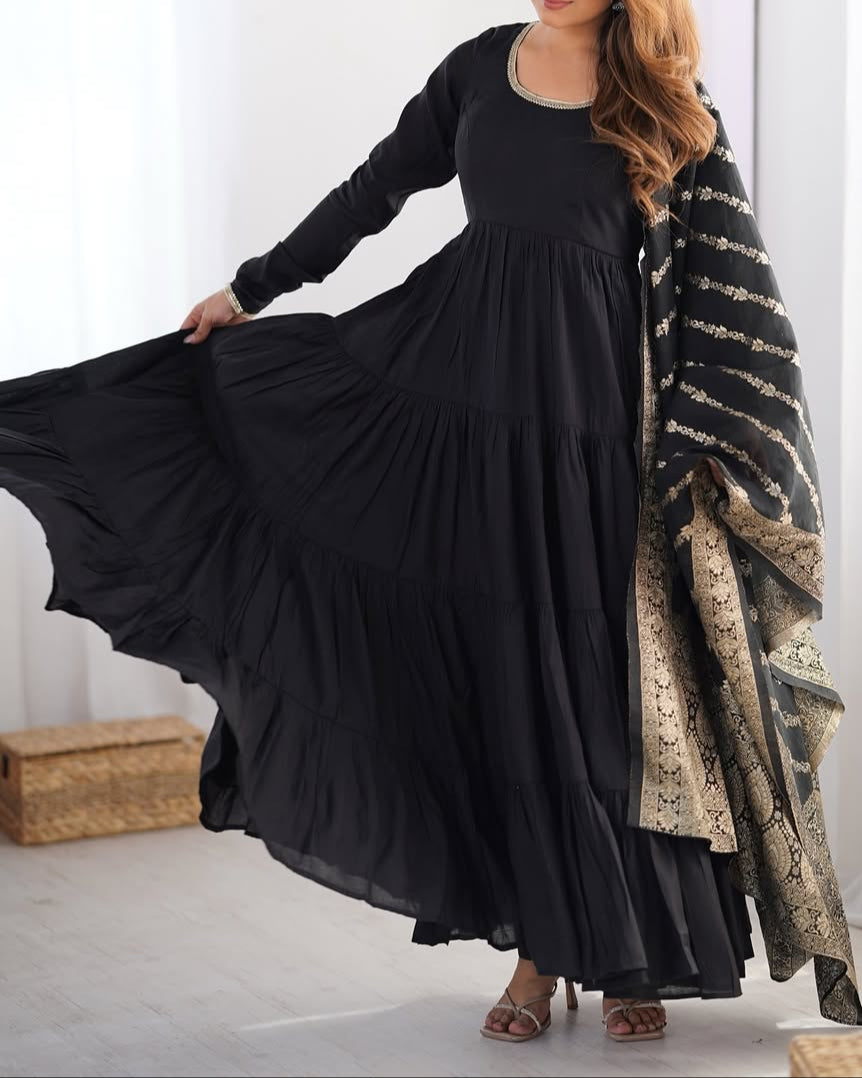 Pure Roman Silk Chanderi Fabric Heavy Flair Anarkali Dress