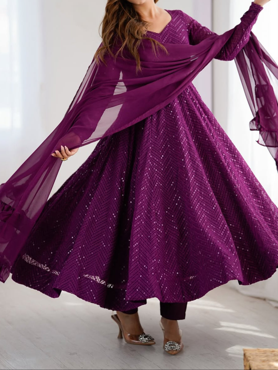 Wedding Special Luchnowi Sequence Work Anarkali Suit Set