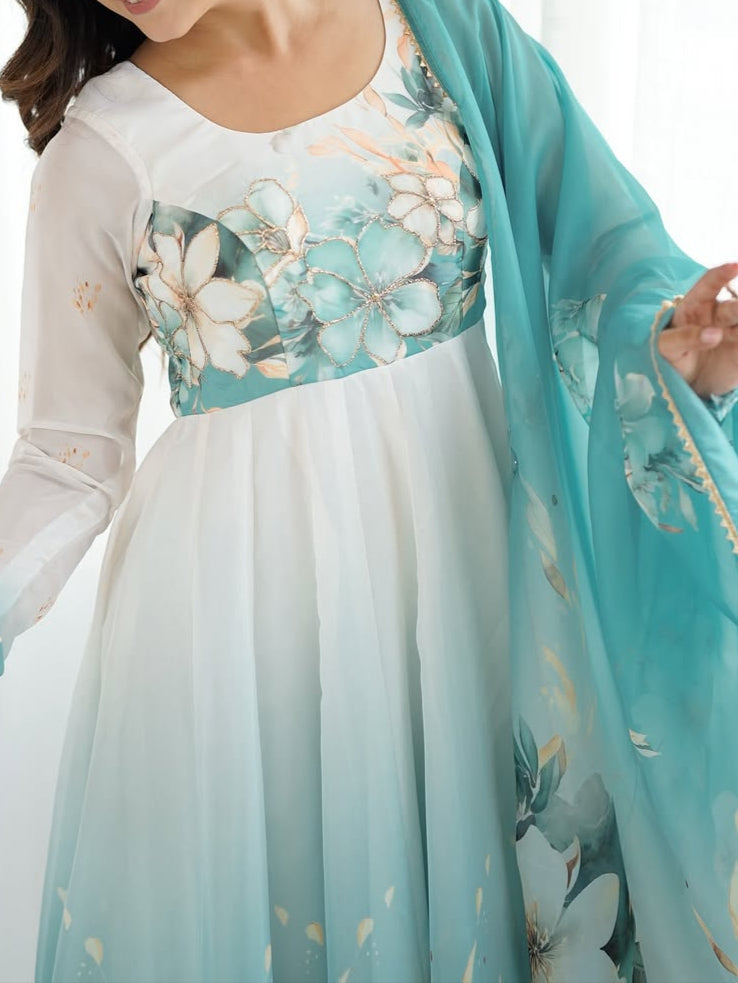 pink floral printed organza anarkali suit set for the upcoming festivities and wedding