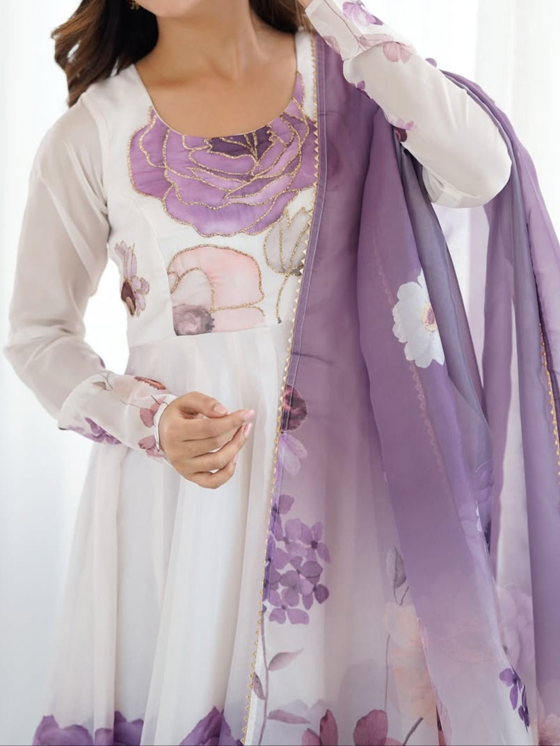 pink floral printed organza anarkali suit set for the upcoming festivities and wedding