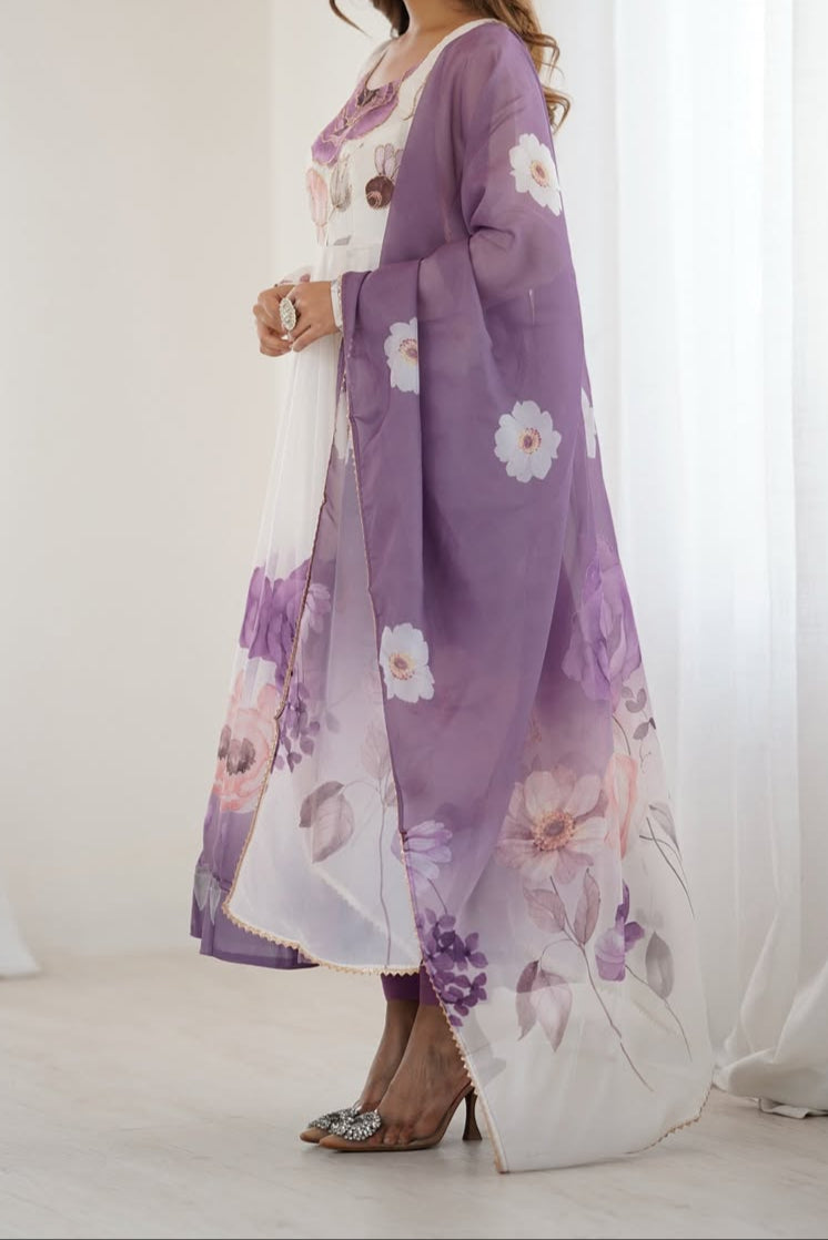 pink floral printed organza anarkali suit set for the upcoming festivities and wedding