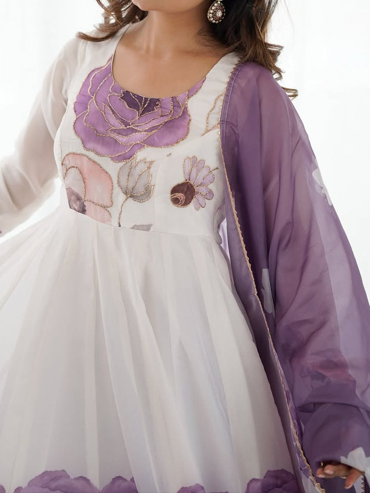pink floral printed organza anarkali suit set for the upcoming festivities and wedding