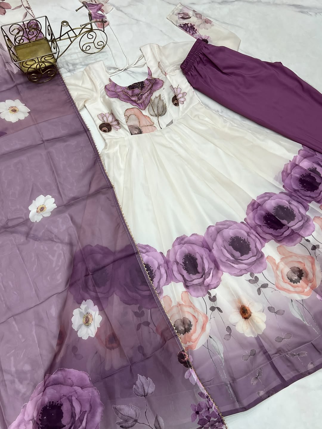 pink floral printed organza anarkali suit set for the upcoming festivities and wedding