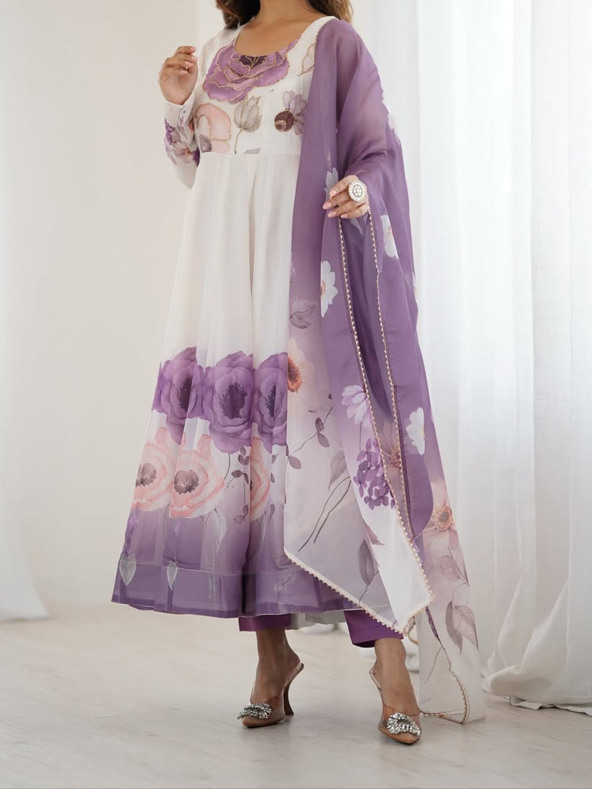 pink floral printed organza anarkali suit set for the upcoming festivities and wedding