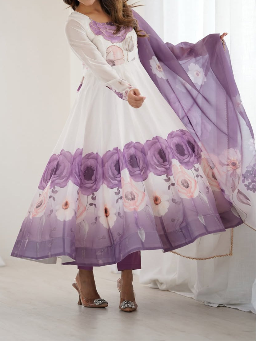 pink floral printed organza anarkali suit set for the upcoming festivities and wedding