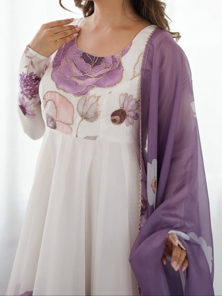 pink floral printed organza anarkali suit set for the upcoming festivities and wedding