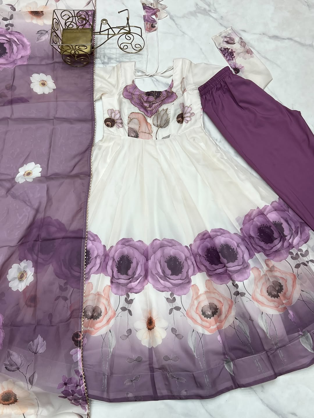 pink floral printed organza anarkali suit set for the upcoming festivities and wedding