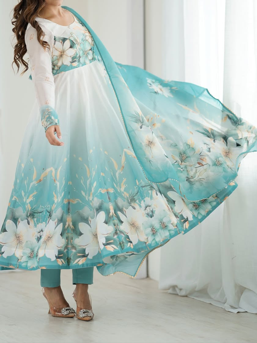 pink floral printed organza anarkali suit set for the upcoming festivities and wedding