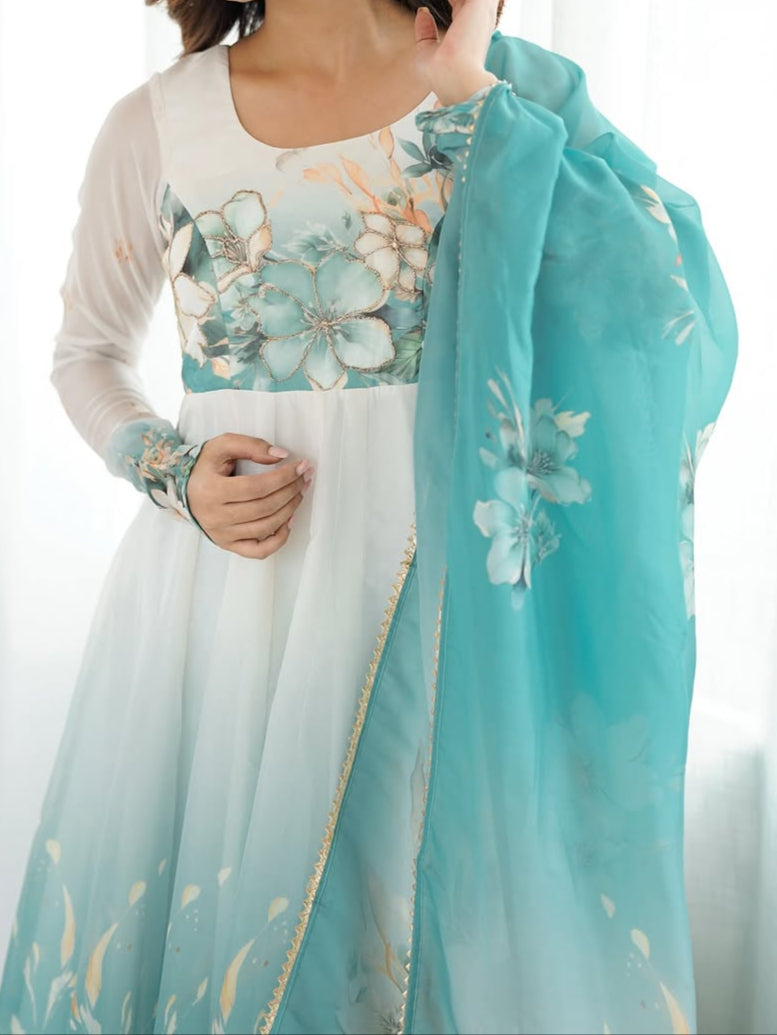 pink floral printed organza anarkali suit set for the upcoming festivities and wedding