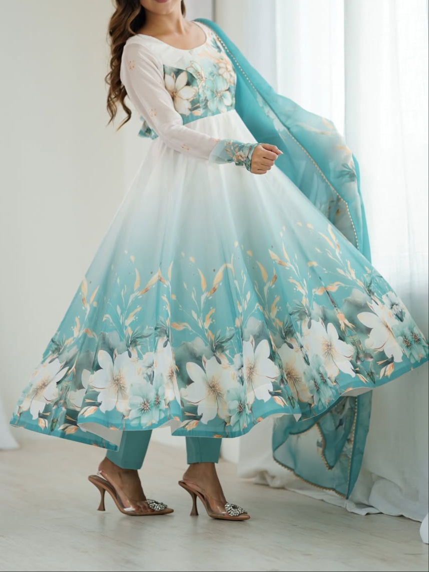 pink floral printed organza anarkali suit set for the upcoming festivities and wedding