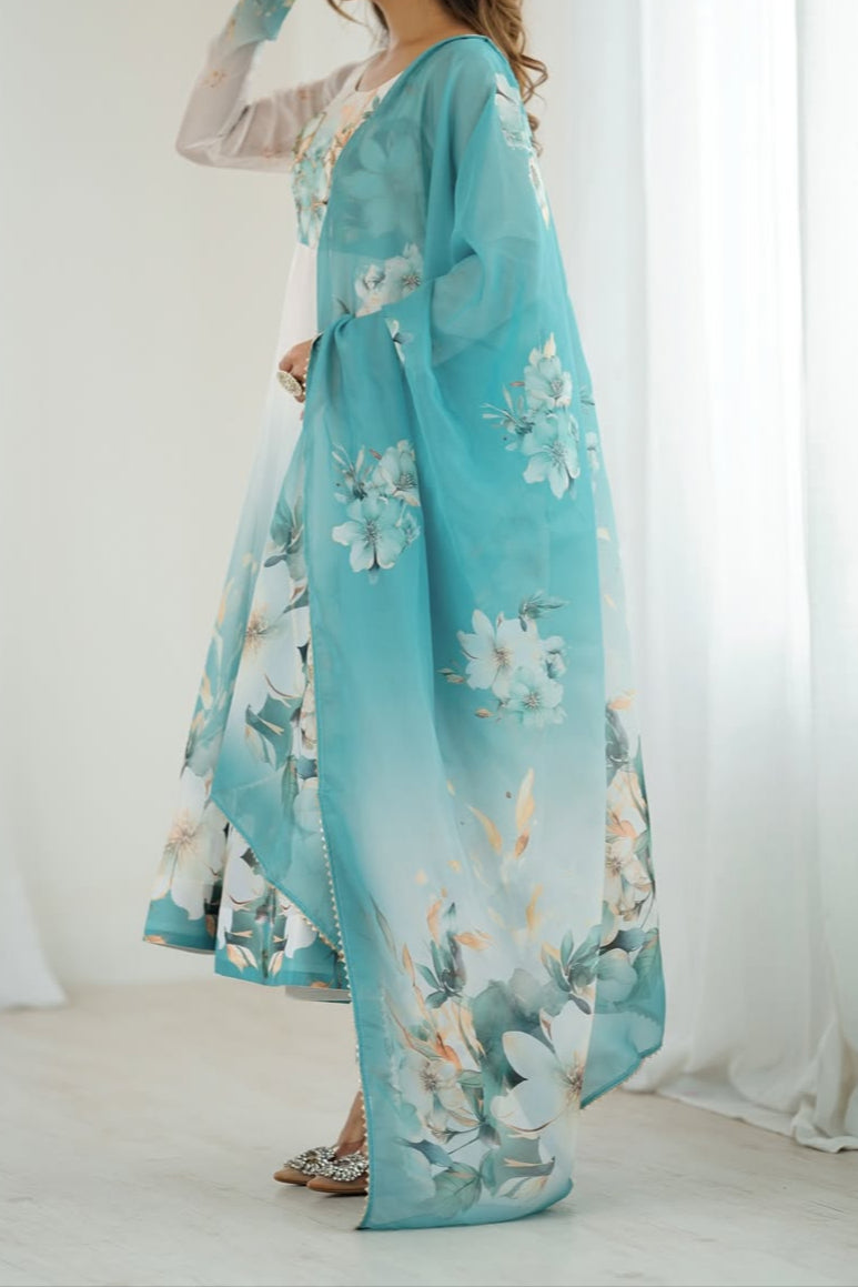 pink floral printed organza anarkali suit set for the upcoming festivities and wedding