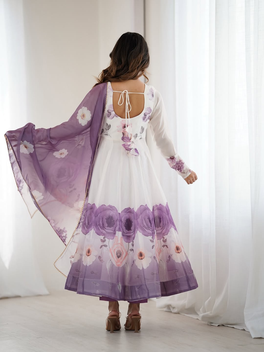 pink floral printed organza anarkali suit set for the upcoming festivities and wedding