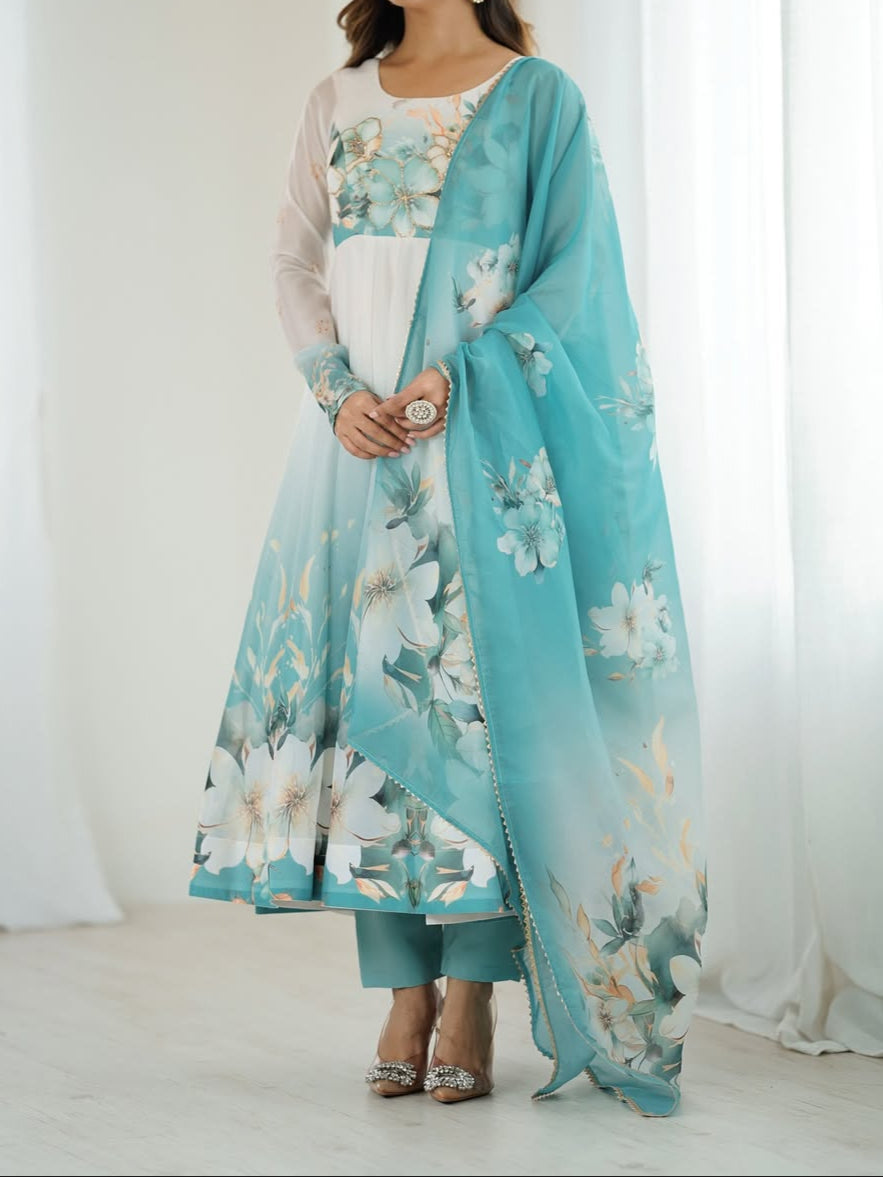 pink floral printed organza anarkali suit set for the upcoming festivities and wedding