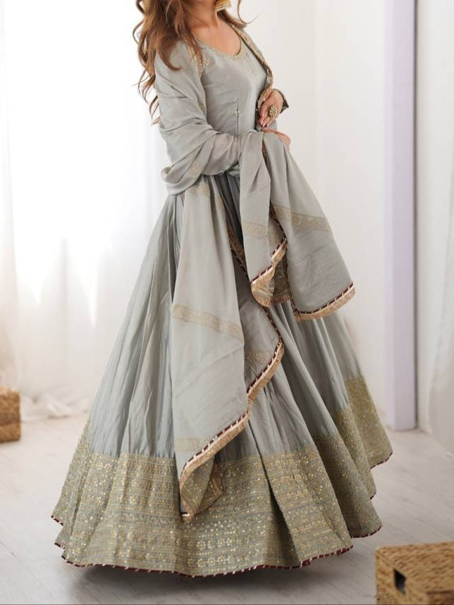Chinon & Thread With Sequence Lace Border Heavy Anarkali Suit Set