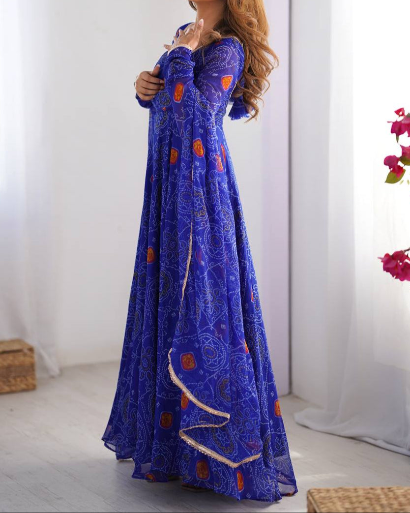 Pure Soft Lightweight Chiffon Bandhej Fully Flair Anarkali Set
