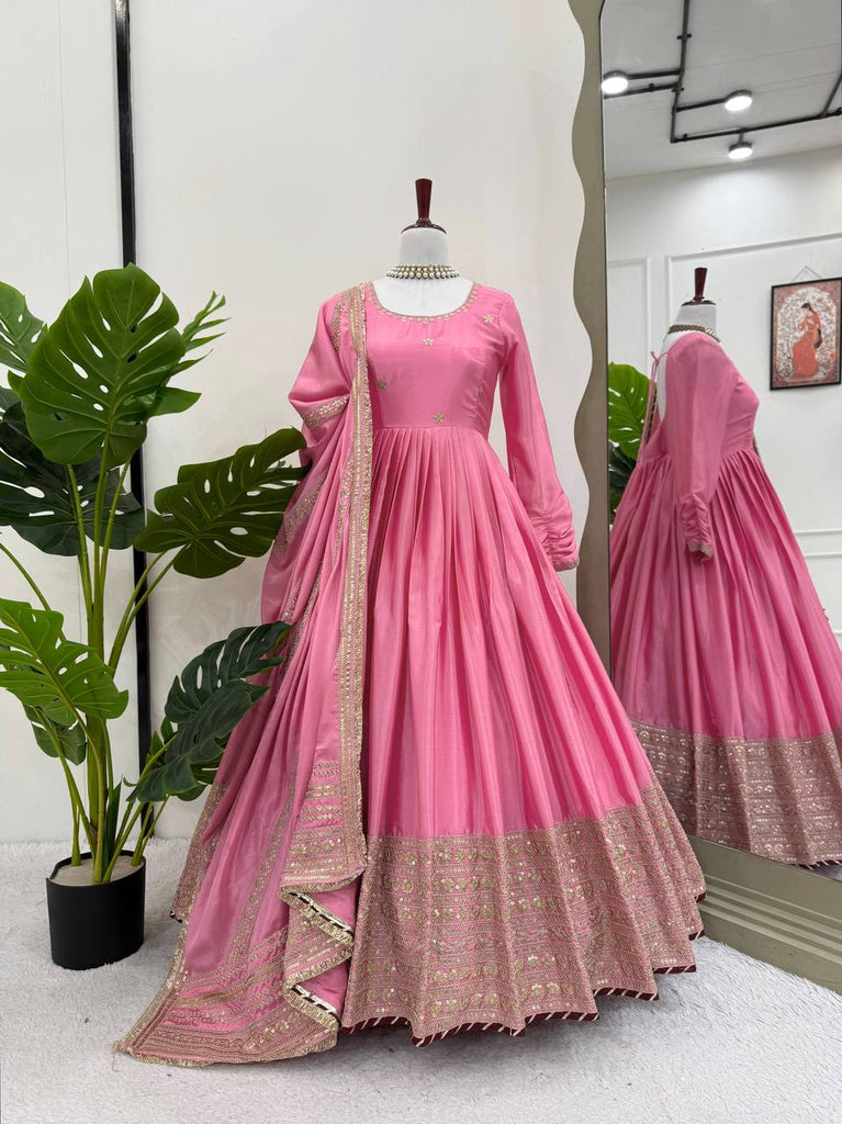 Chinon & Thread With Sequence Lace Border Heavy Anarkali Suit Set