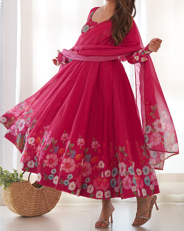 Flower Digital Print Organza Anarkali Suit