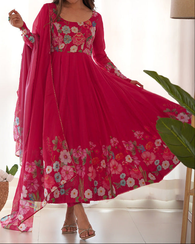 Flower Digital Print Organza Anarkali Suit