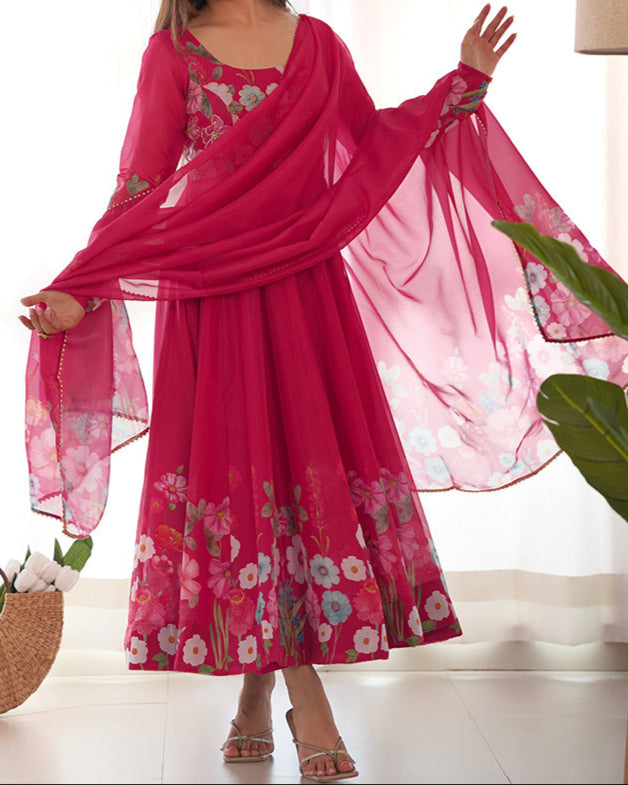 Flower Digital Print Organza Anarkali Suit