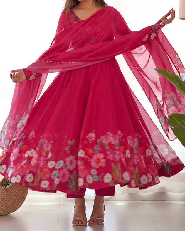 Flower Digital Print Organza Anarkali Suit