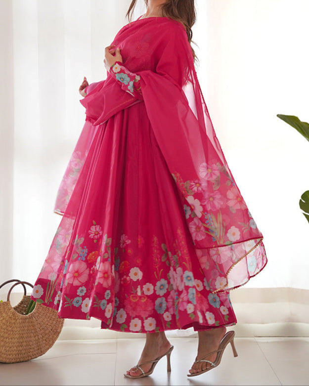 Flower Digital Print Organza Anarkali Suit