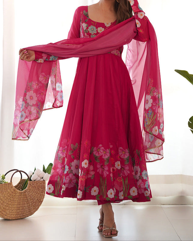 Flower Digital Print Organza Anarkali Suit