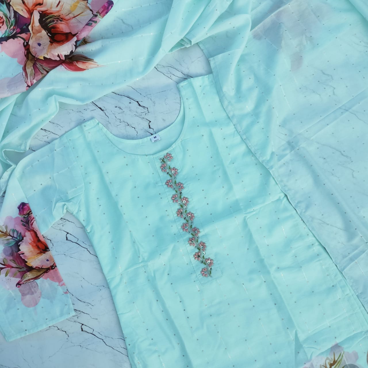 Elegant Aqua-Blue Floral Handwork  Dress