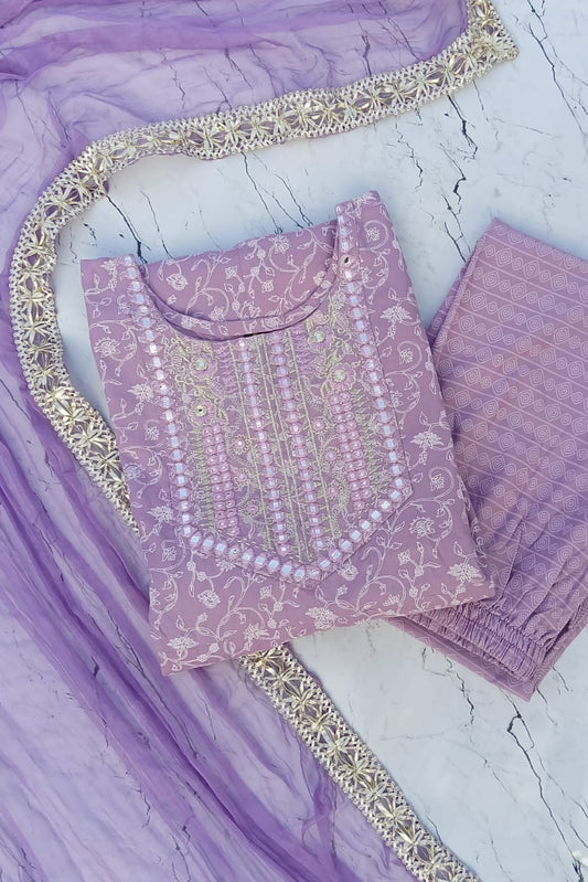 Graceful Lavender Printed Kurta Set with Dupatta