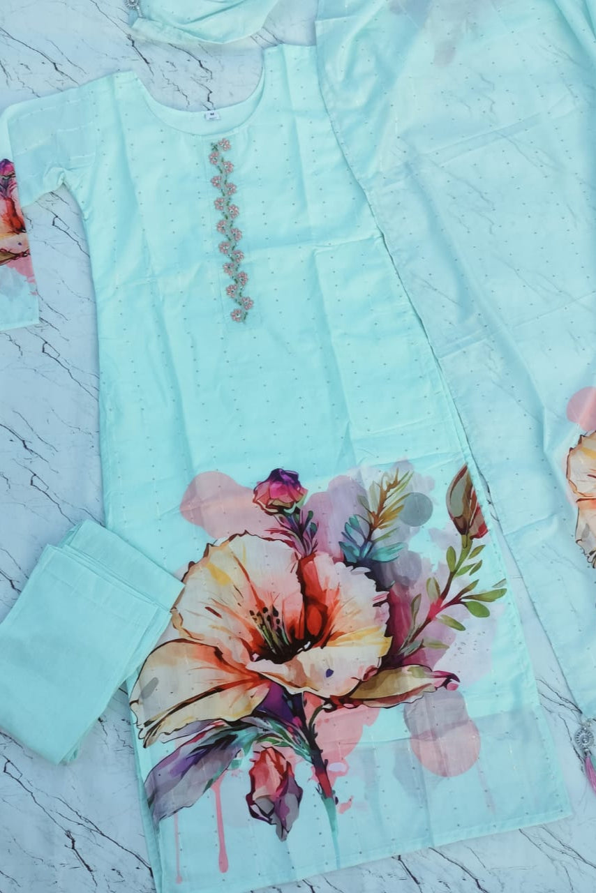 Elegant Aqua-Blue Floral Handwork  Dress