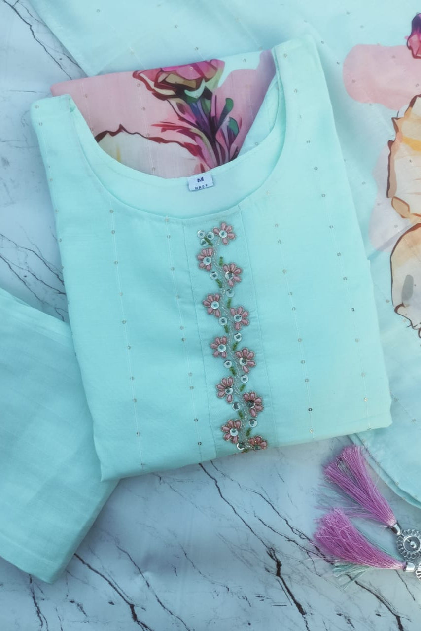 Elegant Aqua-Blue Floral Handwork  Dress