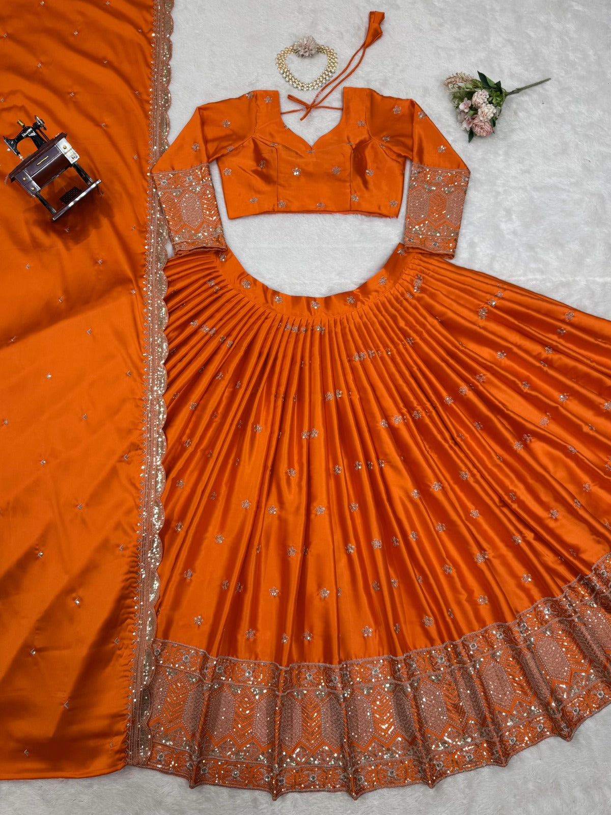 Satin Silk & Thread With Sequence Work Lehenga Choli & Dupatta